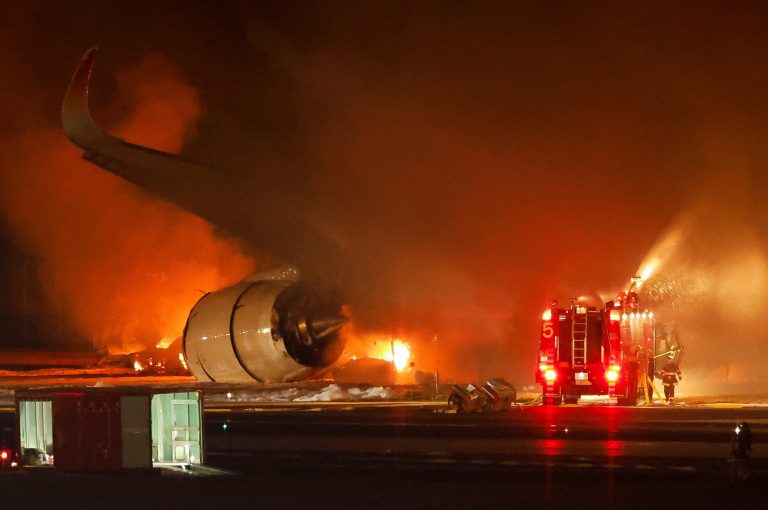 Japan Airlines' A350 airplane on fire at Haneda International Airport in Tokyo
